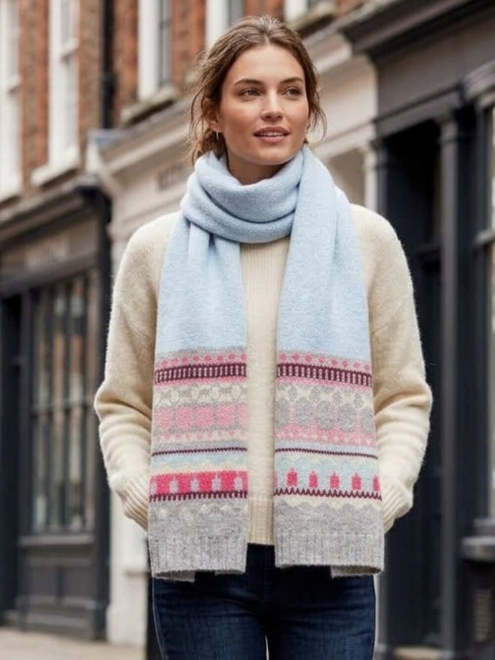 GAP Oversized Fair Isle Scarf Reversible Chunky Knit Blue Gray Pink 80x14